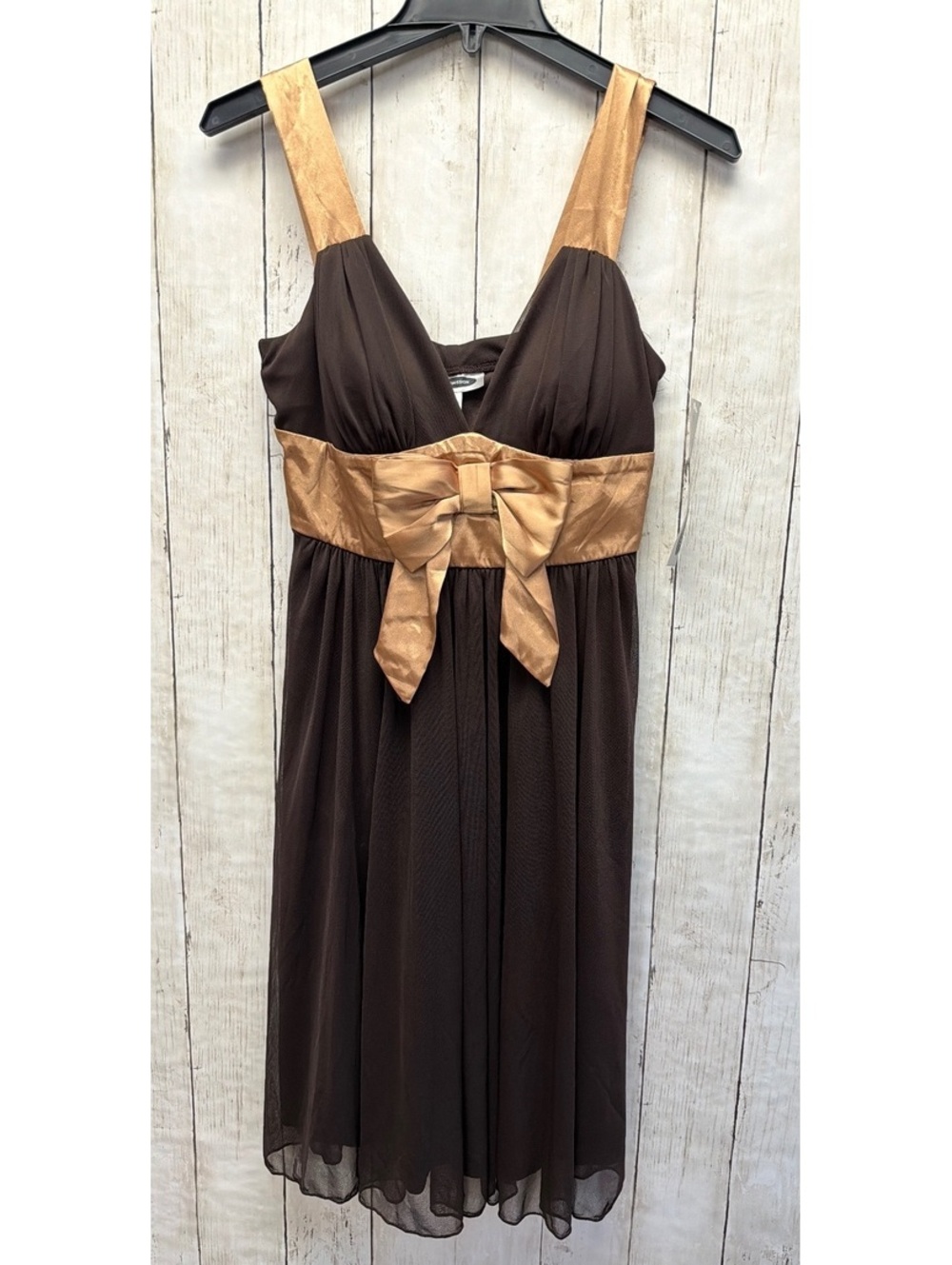 New Intermission Brown and Gold Satin Bow Dress Womens Size 8 NWT